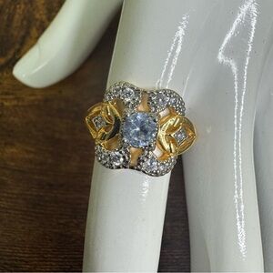 Vintage Style Gold Ring Pale Blue and Clear CZ Stones Art Deco Revival Size 8.5